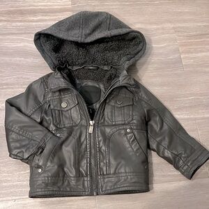 Faux Leather Shearling Lined Moto Jacket with Hood